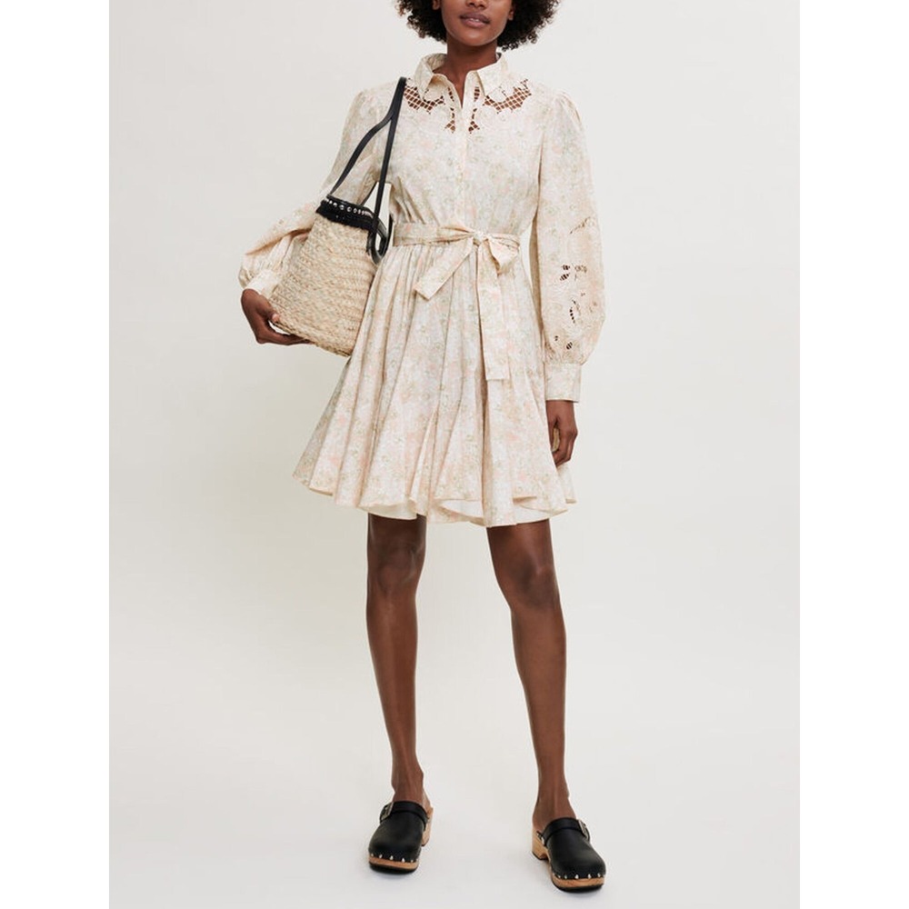 Maje Small Flower Print Lace Shirt Dress In Fleur Rose Pink Size 42 US XL